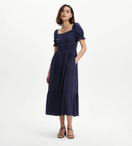 Dawn Navy Gingham Seersucker Midi Dress