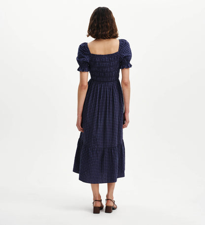 Dawn Navy Gingham Seersucker Shirred Bodice Midi Dress
