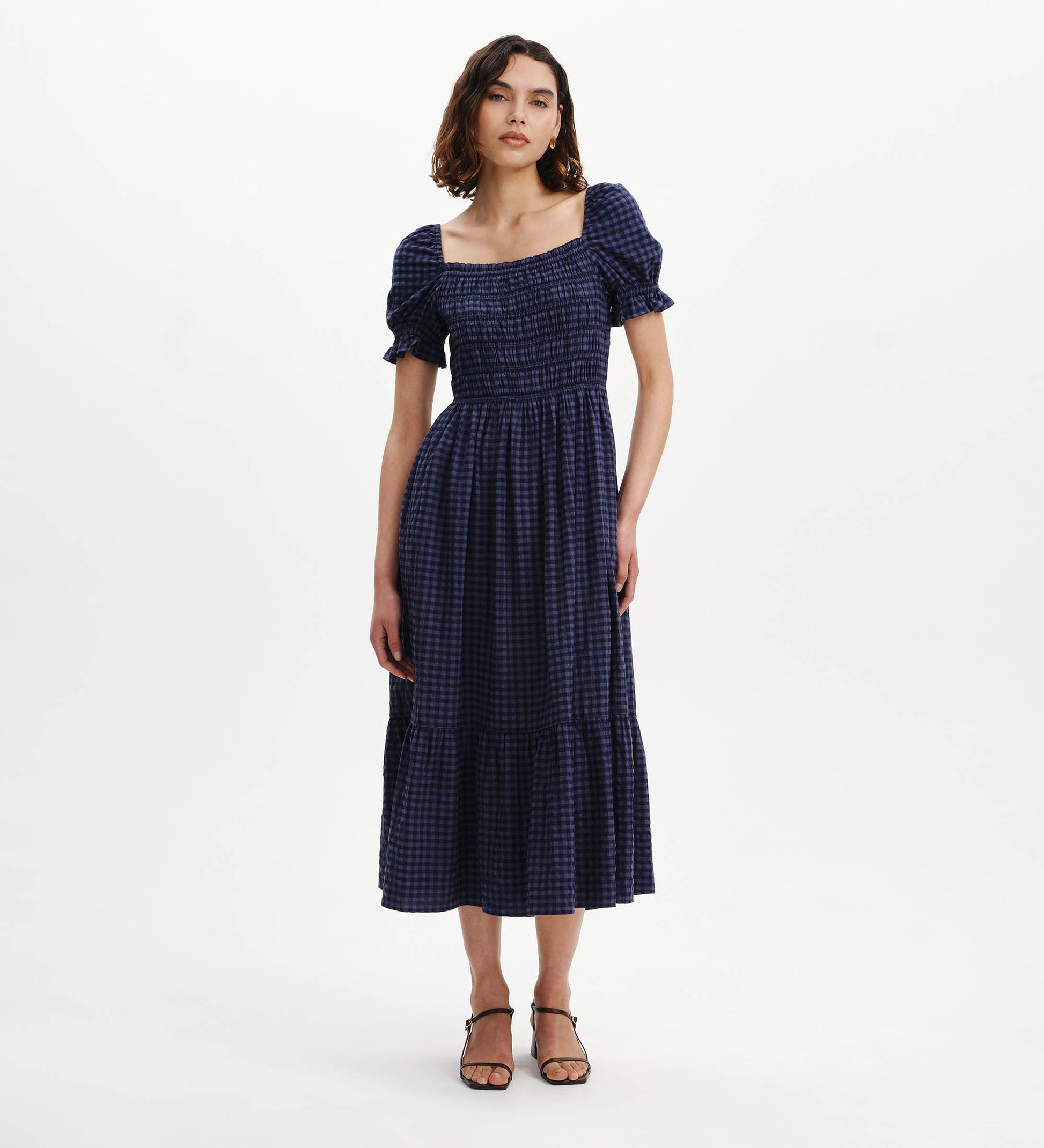 Dawn Navy Gingham Seersucker Midi Dress