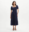 Dawn Navy Gingham Seersucker Shirred Bodice Midi Dress