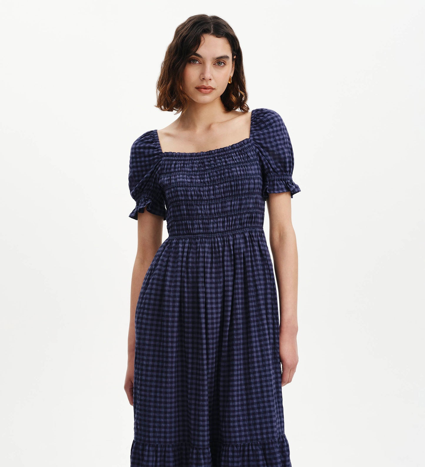 Dawn Navy Gingham Seersucker Shirred Bodice Midi Dress
