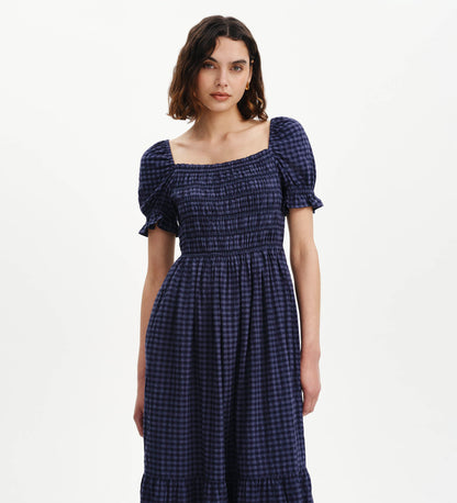 Dawn Navy Gingham Seersucker Shirred Bodice Midi Dress