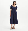 Dawn Navy Gingham Seersucker Shirred Bodice Midi Dress