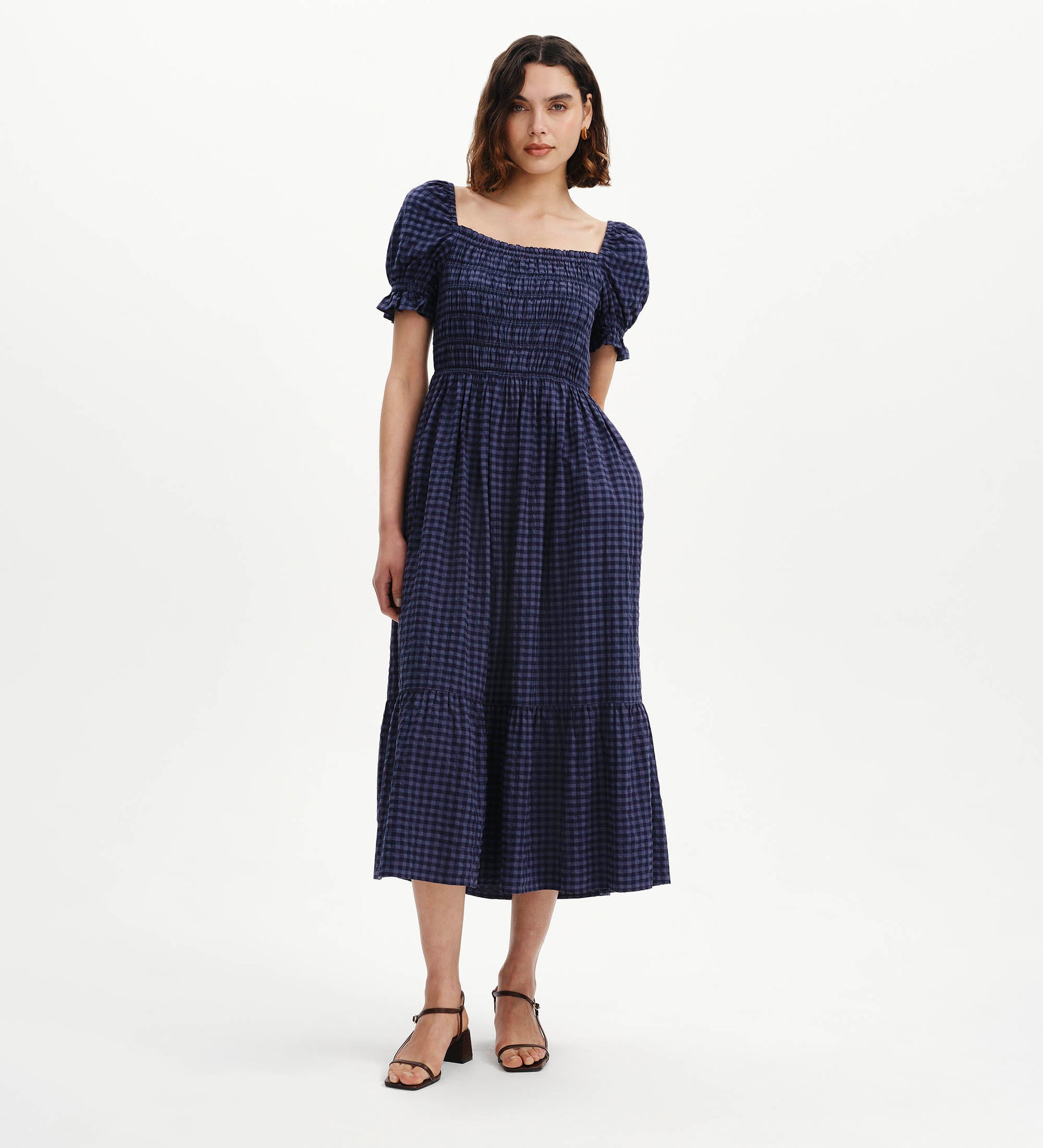 Dawn Navy Gingham Seersucker Shirred Bodice Midi Dress