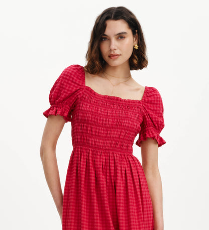 Dawn Pink Gingham Seersucker Shirred Bodice Midi Dress