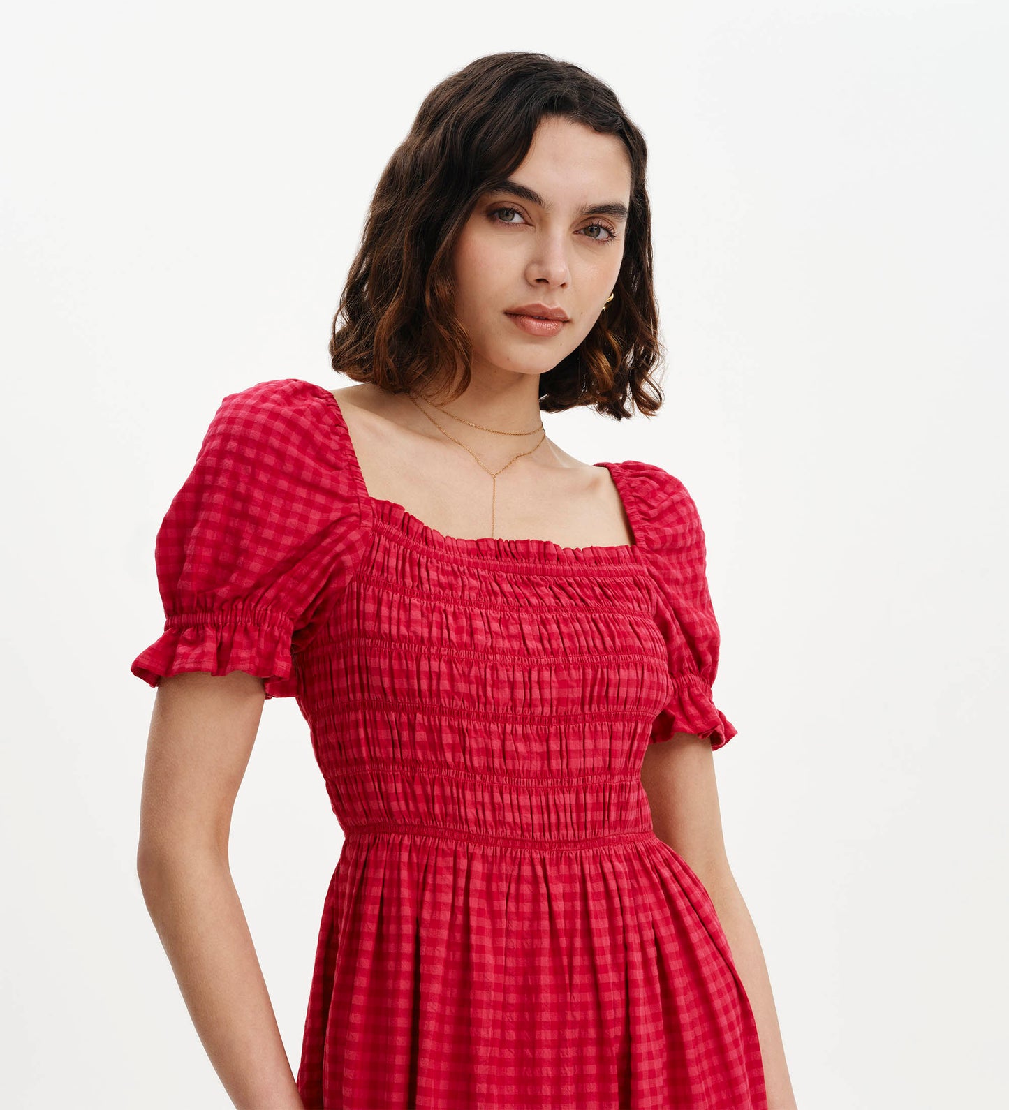 Dawn Pink Gingham Seersucker Shirred Bodice Midi Dress