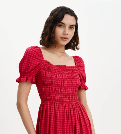 Dawn Pink Gingham Seersucker Shirred Bodice Midi Dress