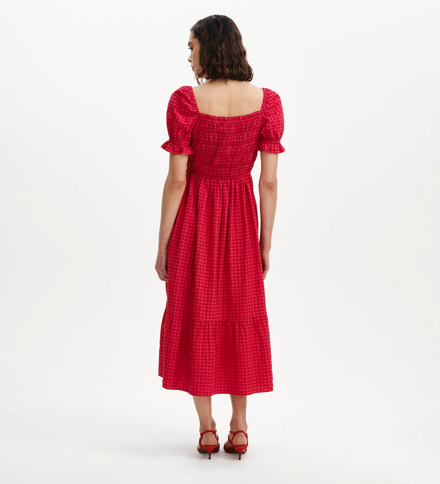 Dawn Pink Gingham Seersucker Shirred Bodice Midi Dress
