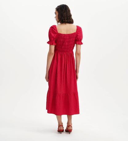 Dawn Pink Gingham Seersucker Shirred Bodice Midi Dress