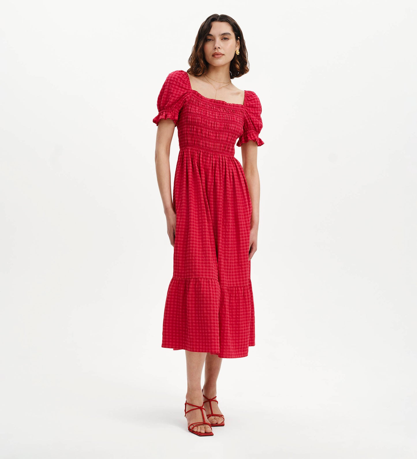 Dawn Pink Gingham Seersucker Shirred Bodice Midi Dress