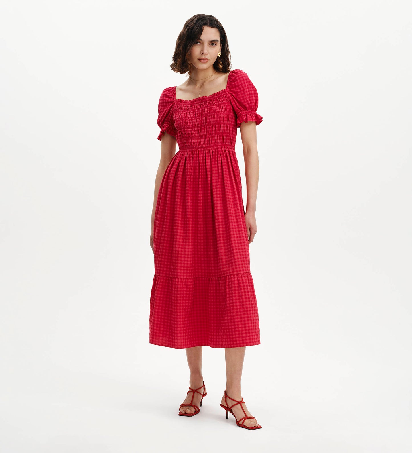 Dawn Pink Gingham Seersucker Shirred Bodice Midi Dress