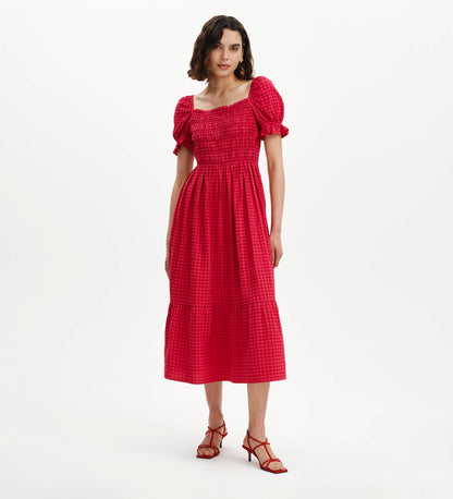 Dawn Pink Gingham Seersucker Shirred Bodice Midi Dress