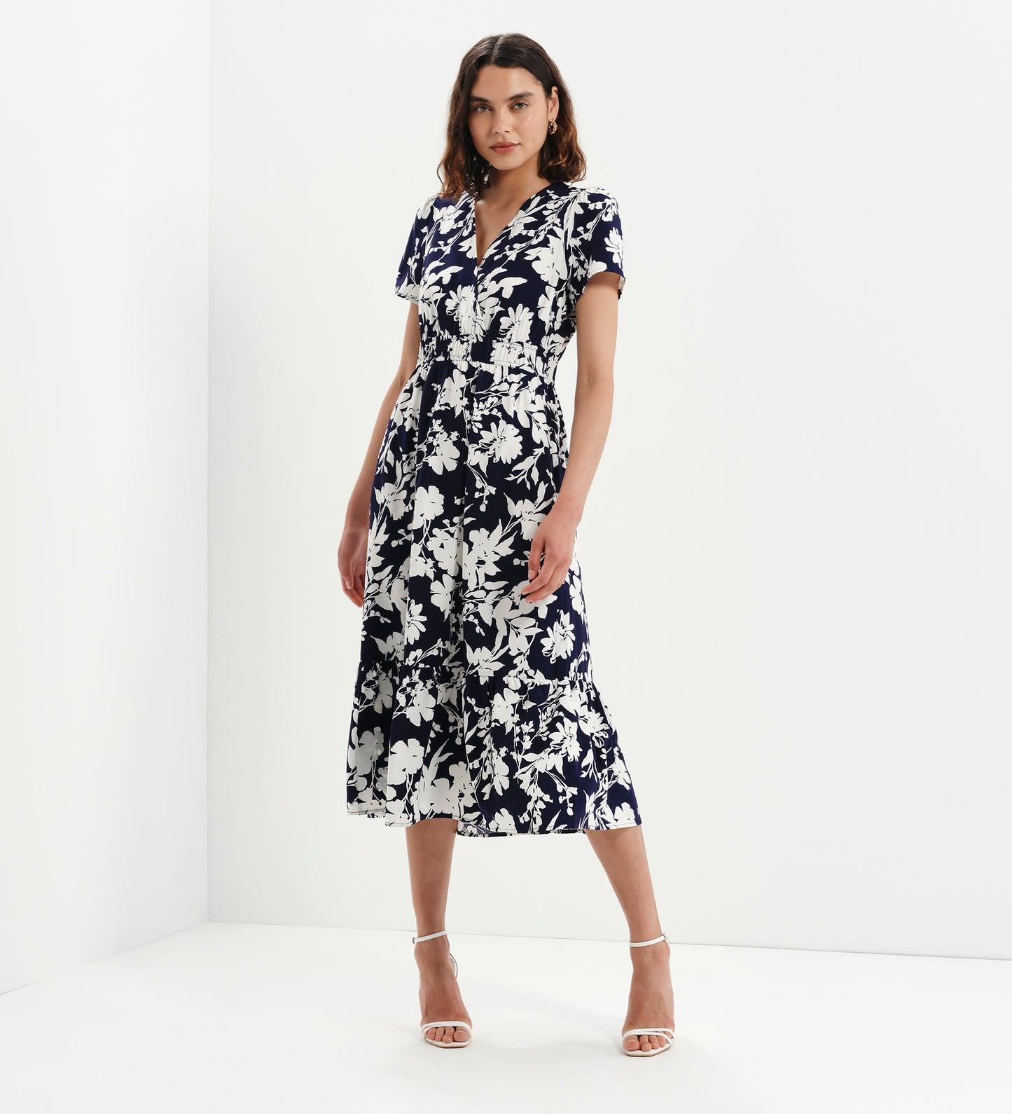 Deena Navy Floral Wrap Tiered Midi Dress