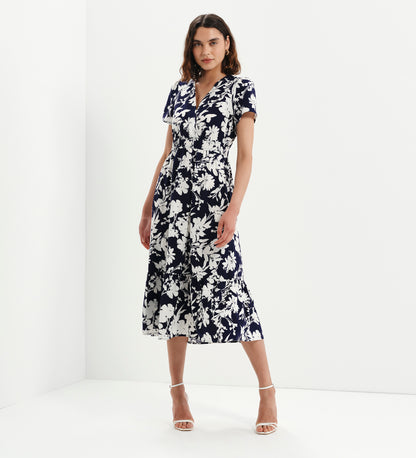 Deena Navy Floral Wrap Tiered Midi Dress