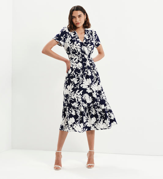Deena Navy Floral Wrap Tiered Midi Dress