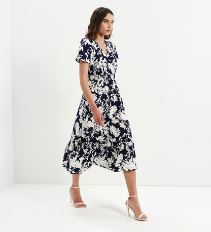 Deena Navy Floral Wrap Tiered Midi Dress