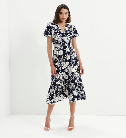 Deena Navy Floral Wrap Tiered Midi Dress