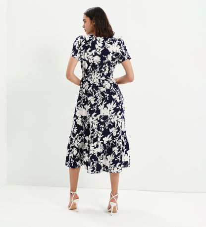 Deena Navy Floral Wrap Tiered Midi Dress