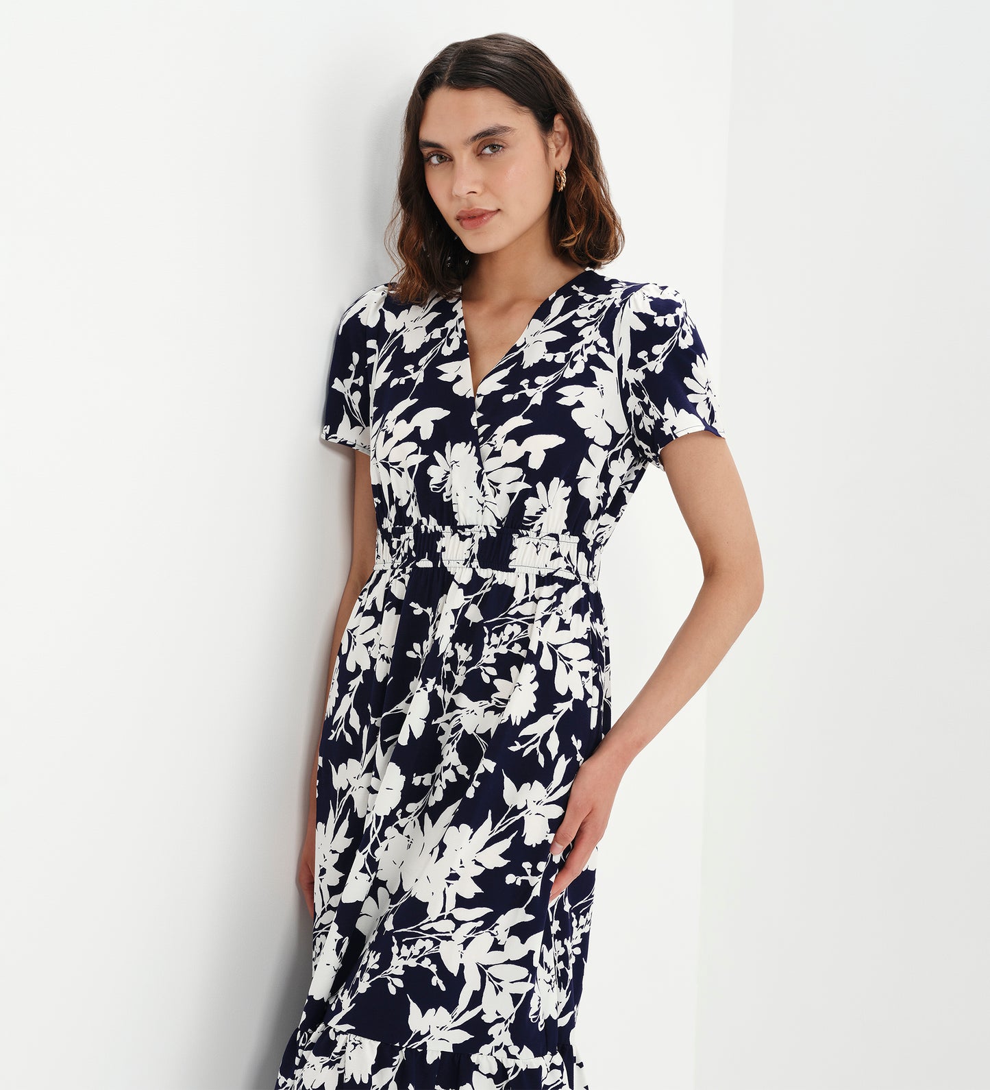 Deena Navy Floral Wrap Tiered Midi Dress