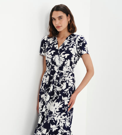 Deena Navy Floral Wrap Tiered Midi Dress