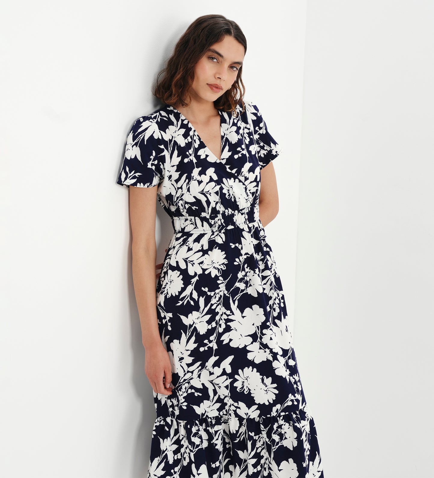 Deena Navy Floral Wrap Tiered Midi Dress