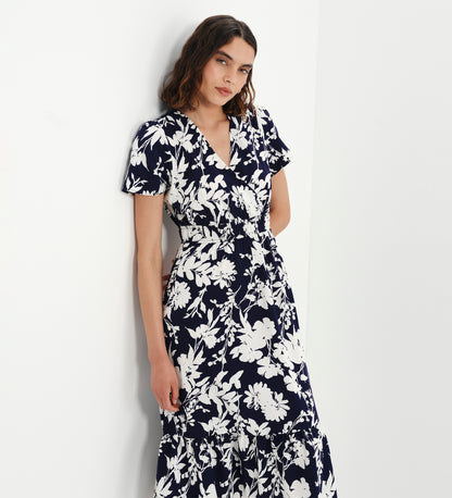 Deena Navy Floral Wrap Tiered Midi Dress