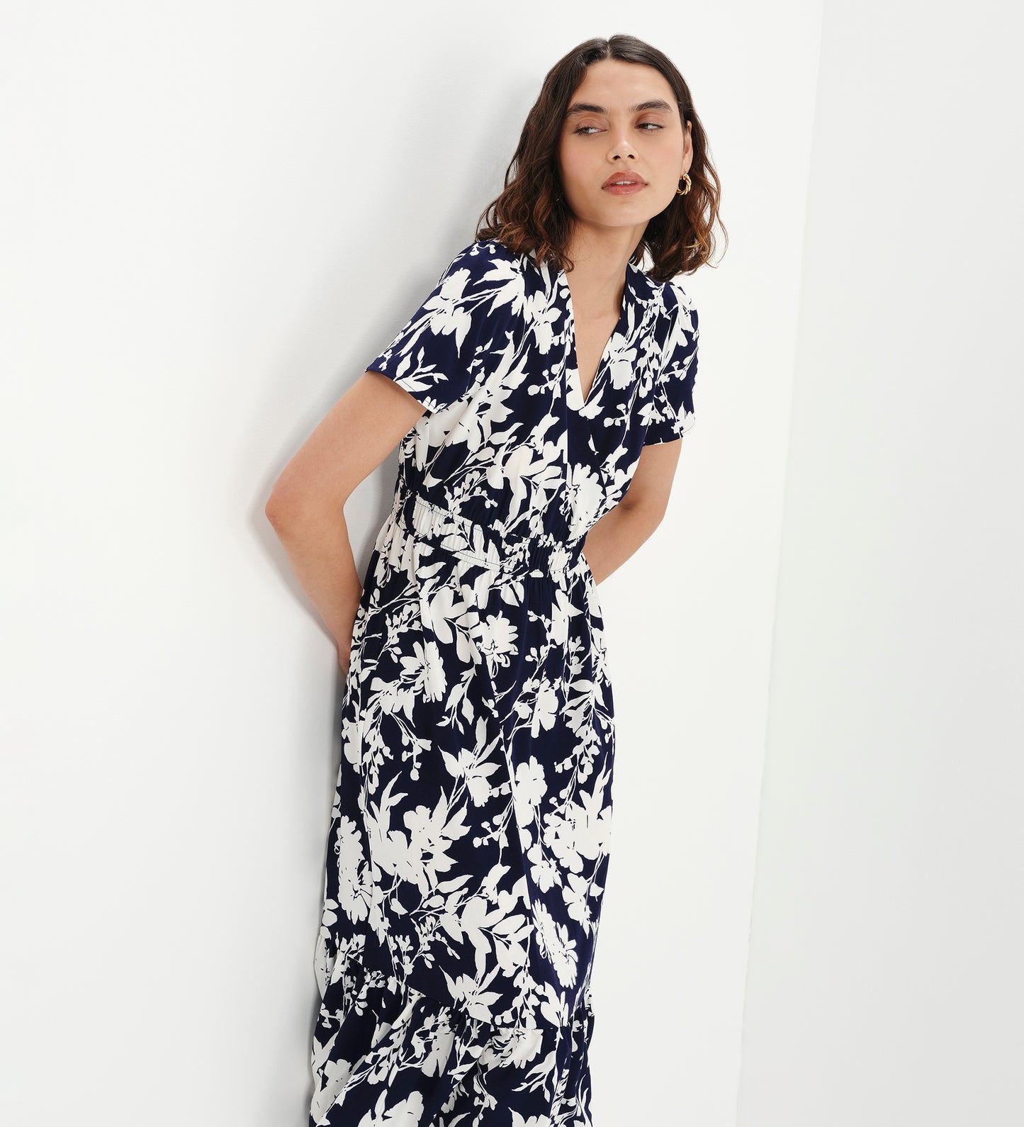Deena Navy Floral Wrap Tiered Midi Dress