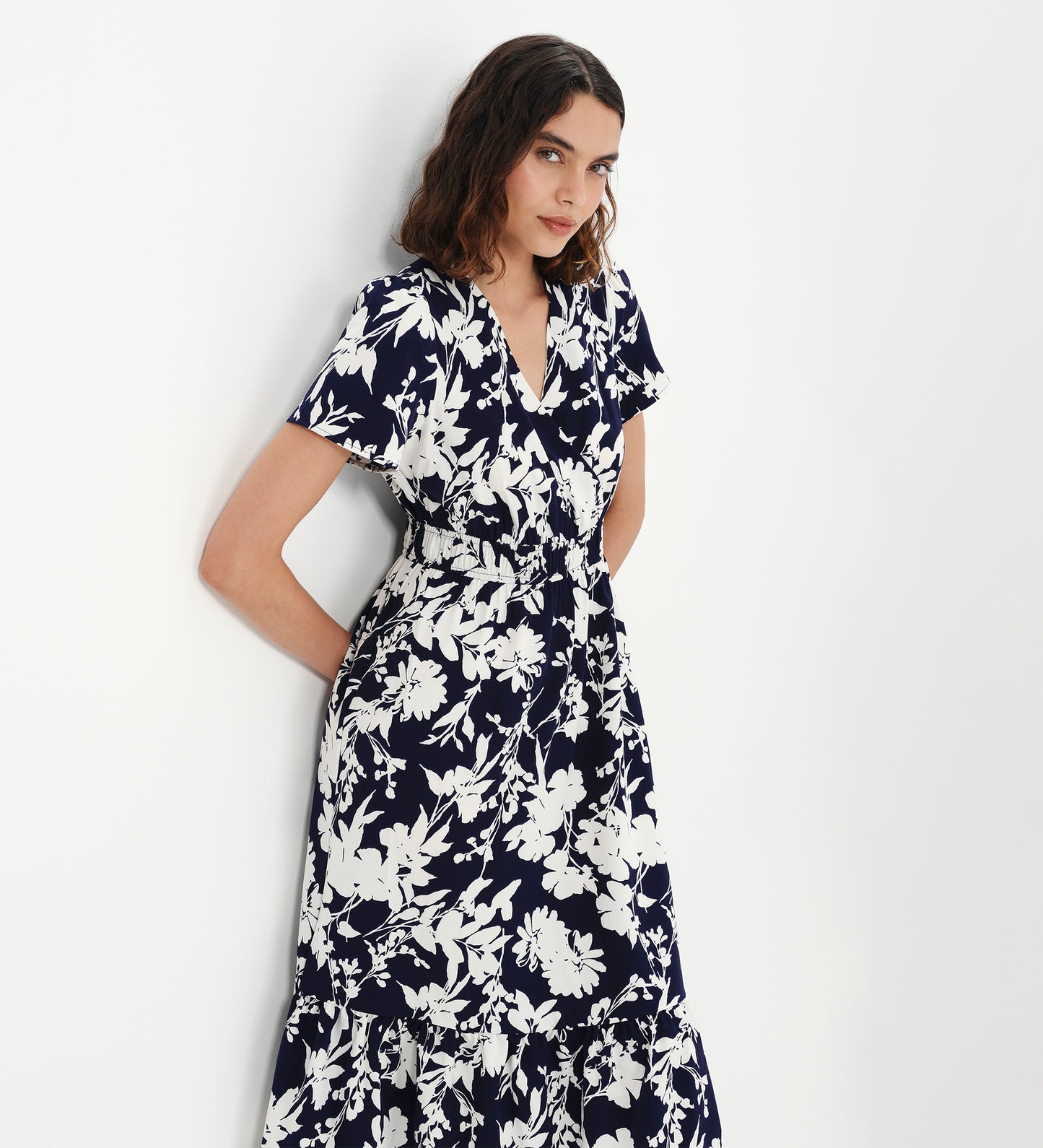 Deena Navy Floral Wrap Tiered Midi Dress