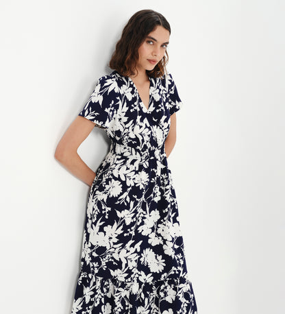 Deena Navy Floral Wrap Tiered Midi Dress