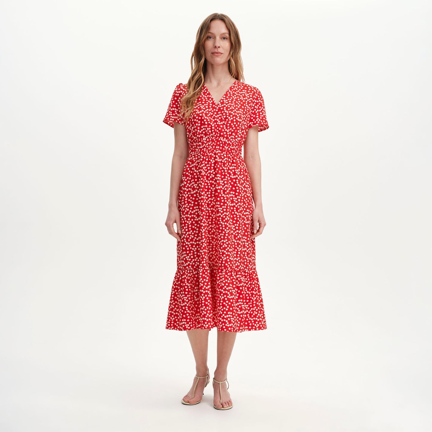 Deena Red Cherry Polka Dot Wrap Tiered Midi Dress