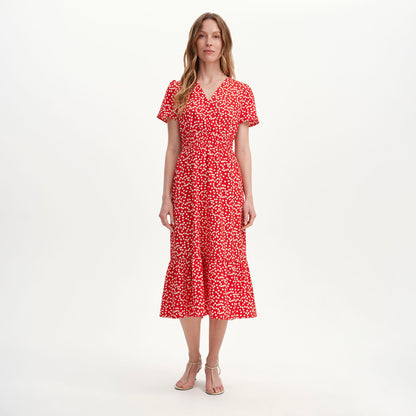 Deena Red Cherry Polka Dot Wrap Tiered Midi Dress