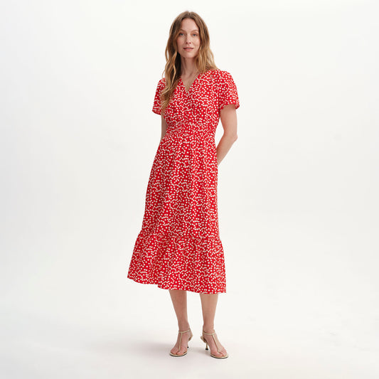 Deena Red Cherry Polka Dot Wrap Tiered Midi Dress