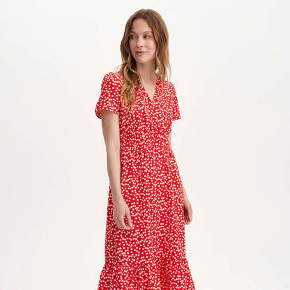 Deena Red Cherry Polka Dot Wrap Tiered Midi Dress