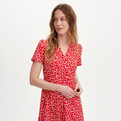 Deena Red Cherry Polka Dot Wrap Tiered Midi Dress