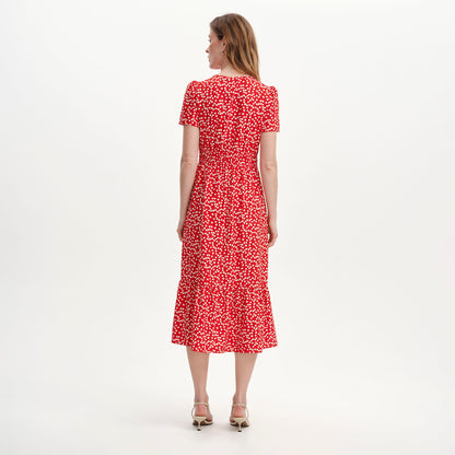 Deena Red Cherry Polka Dot Wrap Tiered Midi Dress