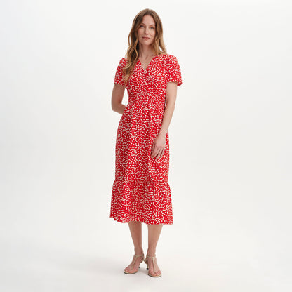 Deena Red Cherry Polka Dot Wrap Tiered Midi Dress