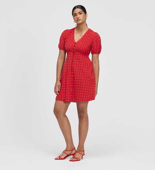Ensley Red Polka Dot Button Through Short Dress