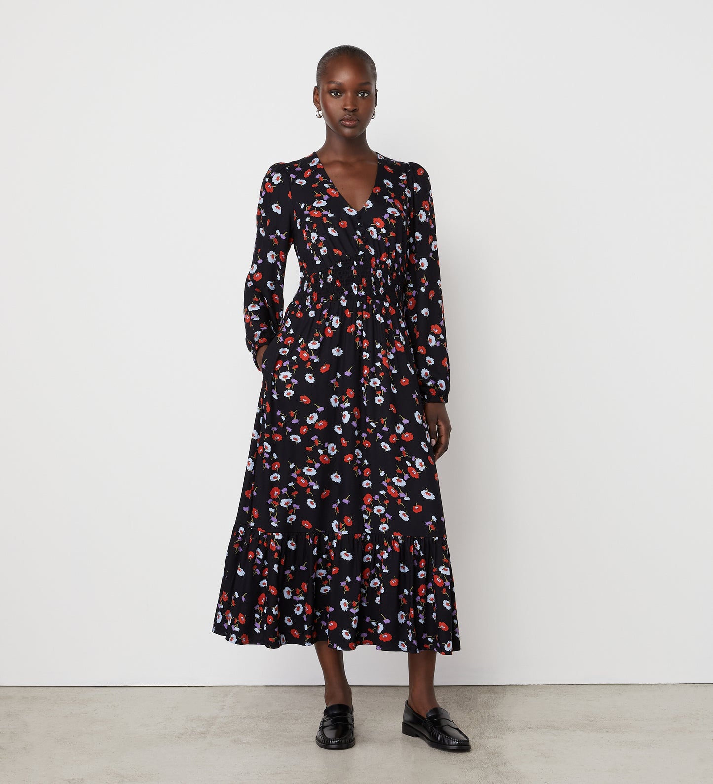 Erina Black Floral Midi Dress – Finery London