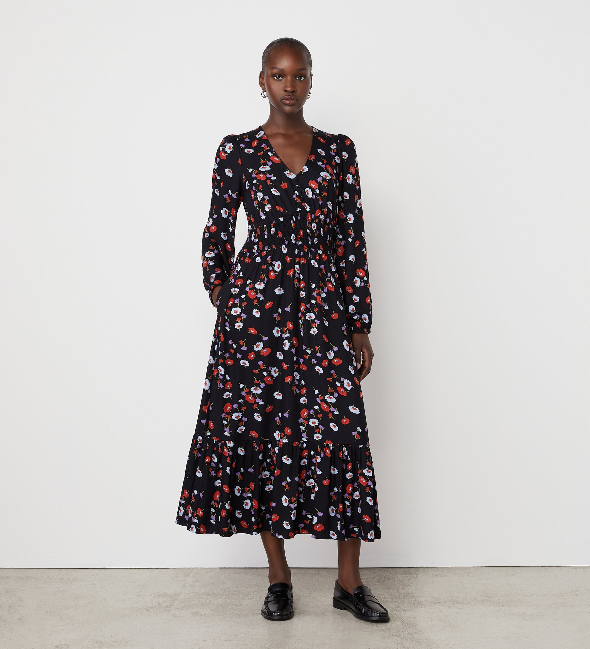 Erina Black Floral Midi Dress – Finery London