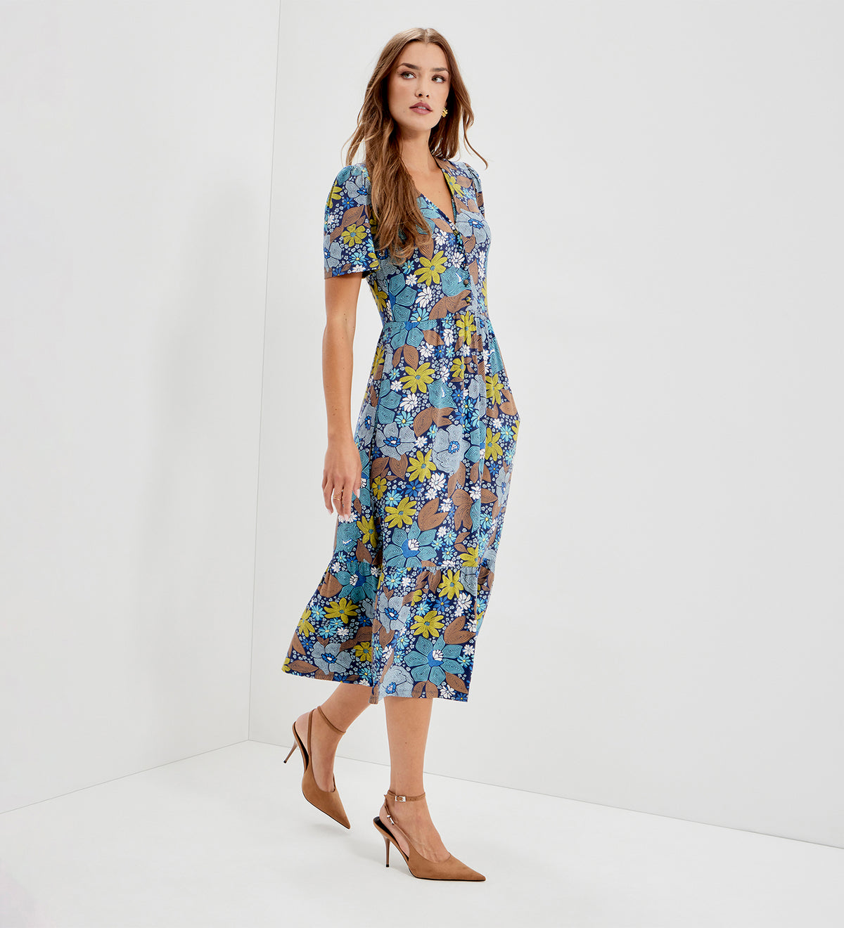 Edith Blue Floral Jersey Button-Through V Neck Tiered Midi Dress