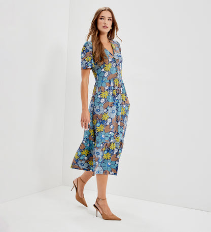 Edith Blue Floral Jersey Button-Through V Neck Tiered Midi Dress