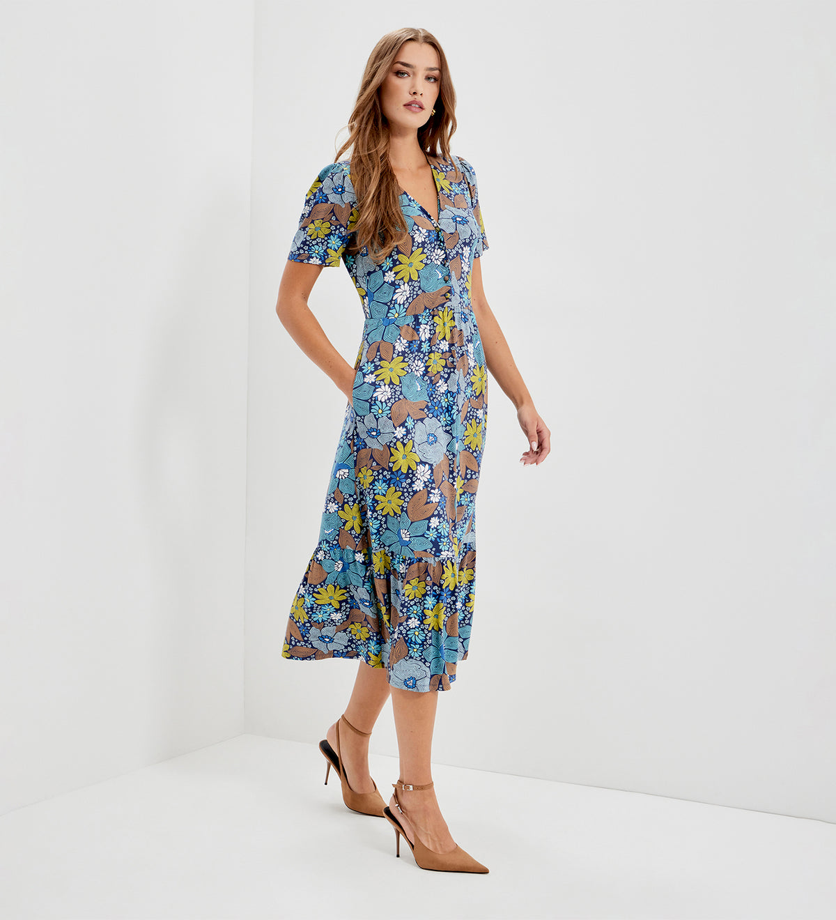 Edith Blue Floral Jersey Button-Through V Neck Tiered Midi Dress