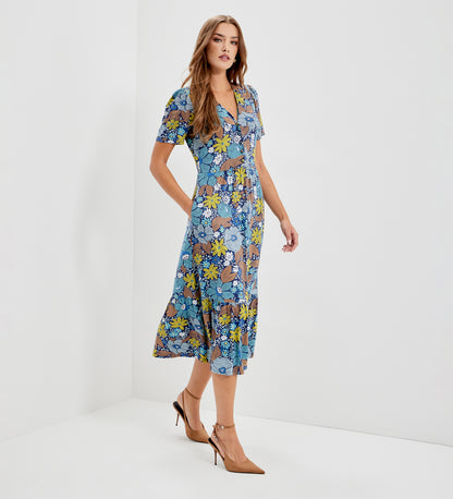 Edith Blue Floral Jersey Button-Through V Neck Tiered Midi Dress