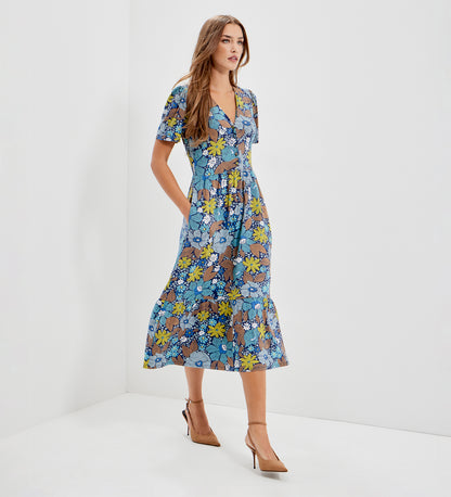 Edith Blue Floral Jersey Button-Through V Neck Tiered Midi Dress