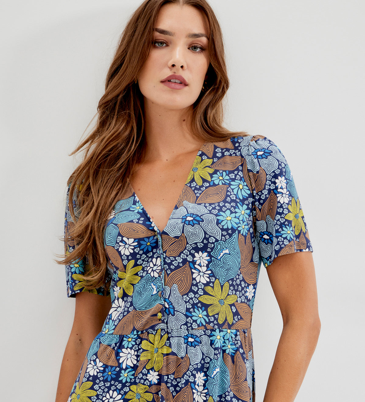 Edith Blue Floral Jersey Button-Through V Neck Tiered Midi Dress