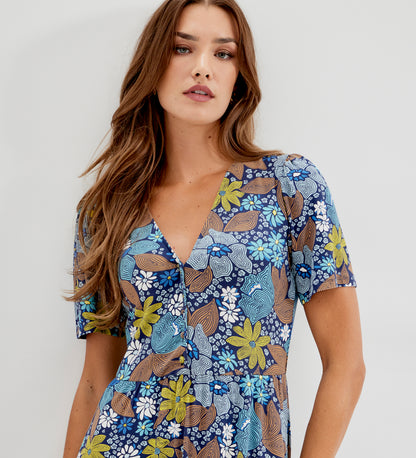 Edith Blue Floral Jersey Button-Through V Neck Tiered Midi Dress