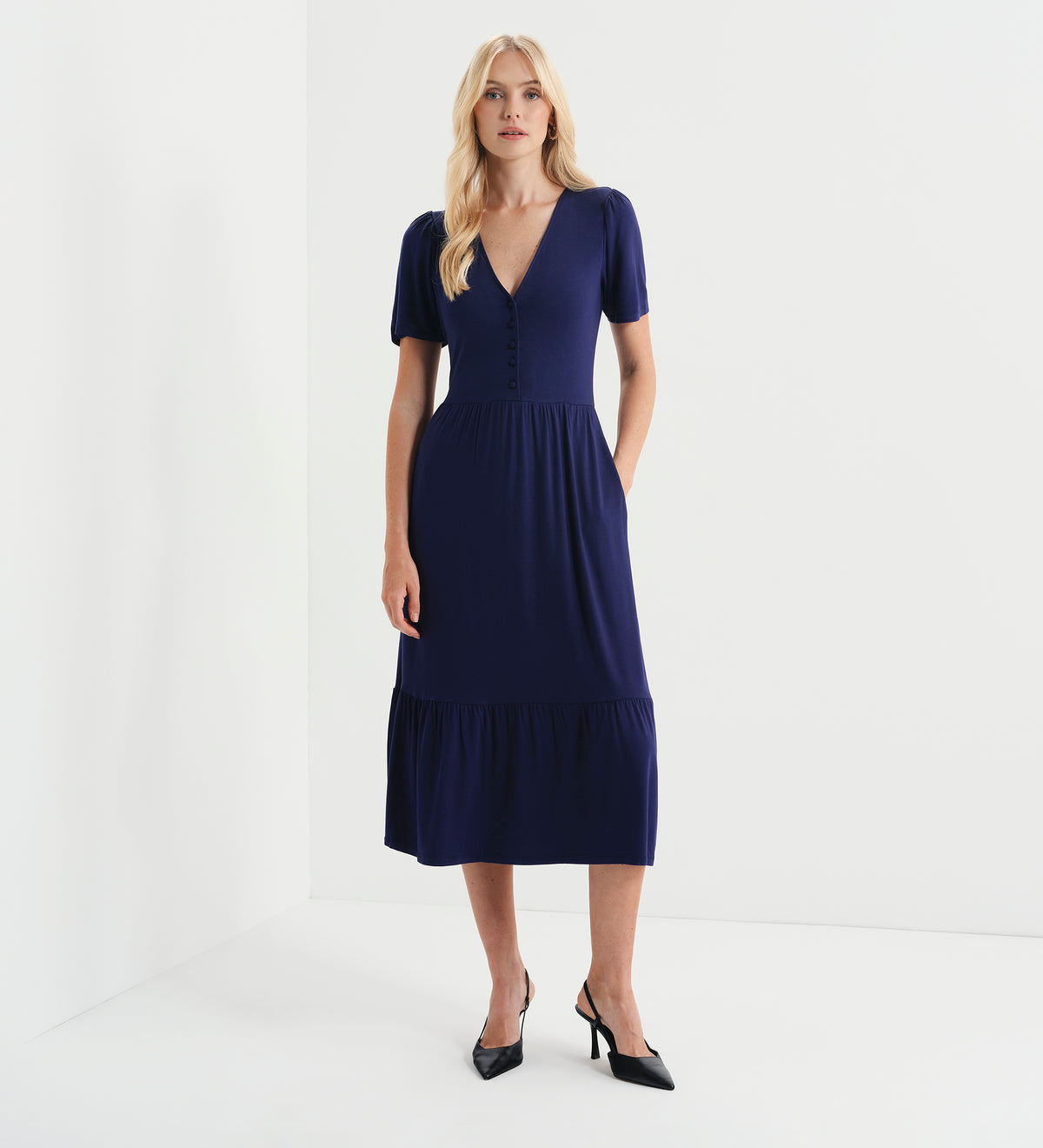 Edith Navy Jersey Button-Through V Neck Tiered Midi Dress