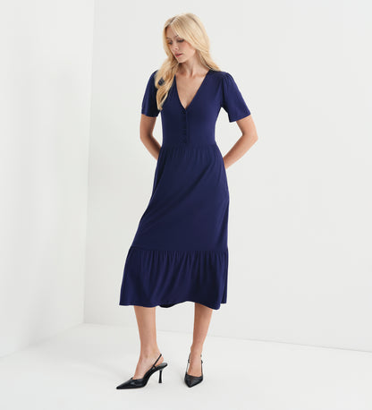 Edith Navy Jersey Button-Through V Neck Tiered Midi Dress