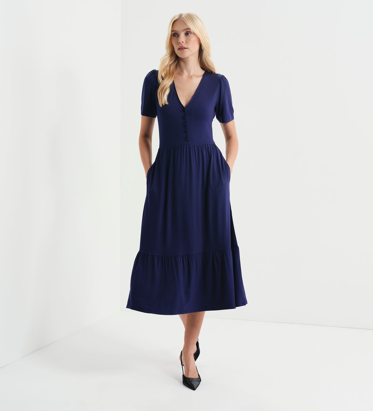 Edith Navy Jersey Button-Through V Neck Tiered Midi Dress