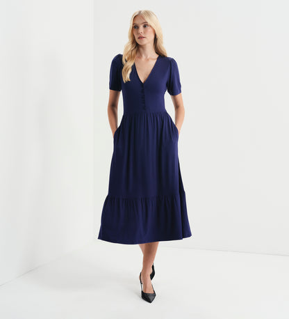 Edith Navy Jersey Button-Through V Neck Tiered Midi Dress